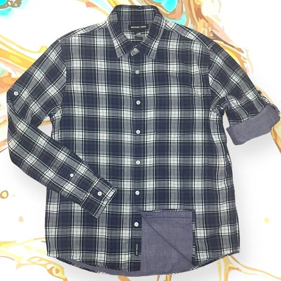 MICHAEL KORS Tailored Fit Plaid Button Up Shirt Roll Tab Sleeve Purple Black L - Picture 1 of 9